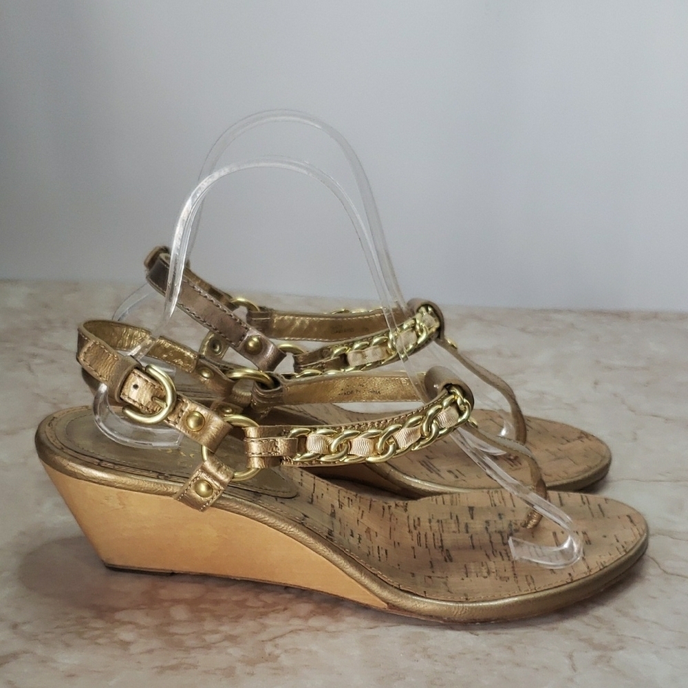 Coach Gold T-Strap Wedge Sandals with Chain Detail Size 10 - Picture 3 of 7